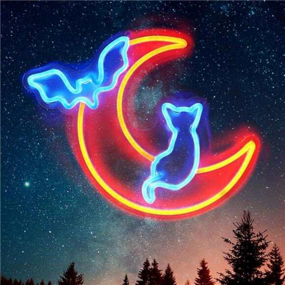 Halloween Neon Sign Wall Decor - Moon&Bat&Cat Themed Halloween LED Lights - Picture 1 of 7